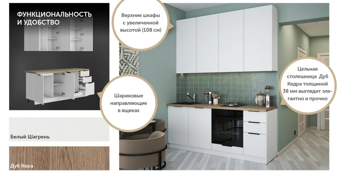 Кухня Homa МК стиль 200x60x25 см, ЛДСП, Белый шагрень, МК стиль, столешница 38 мм